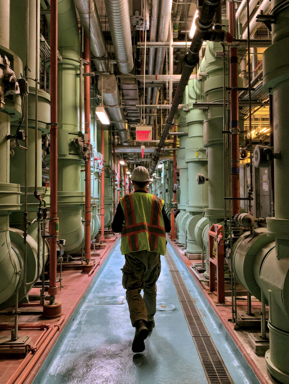 Inspector walking through a mechanical room