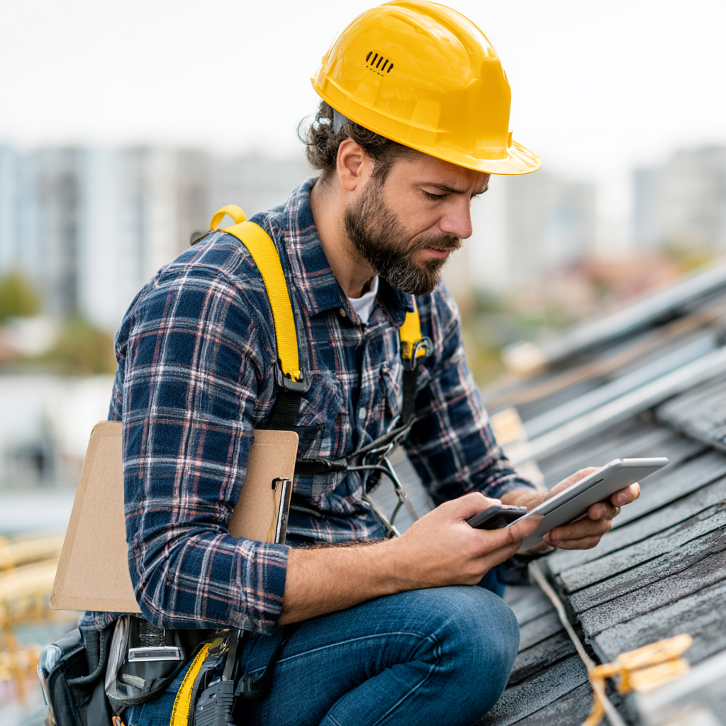 Inspector reviewing a tablet and phone on a rooftop while paperwork waits